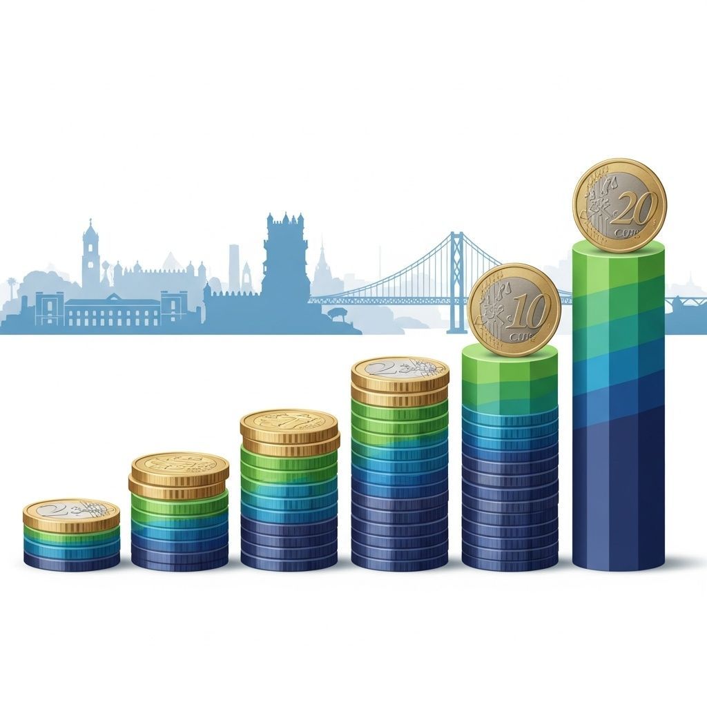 Rising bar chart with euro coins and Portuguese city skyline silhouette
