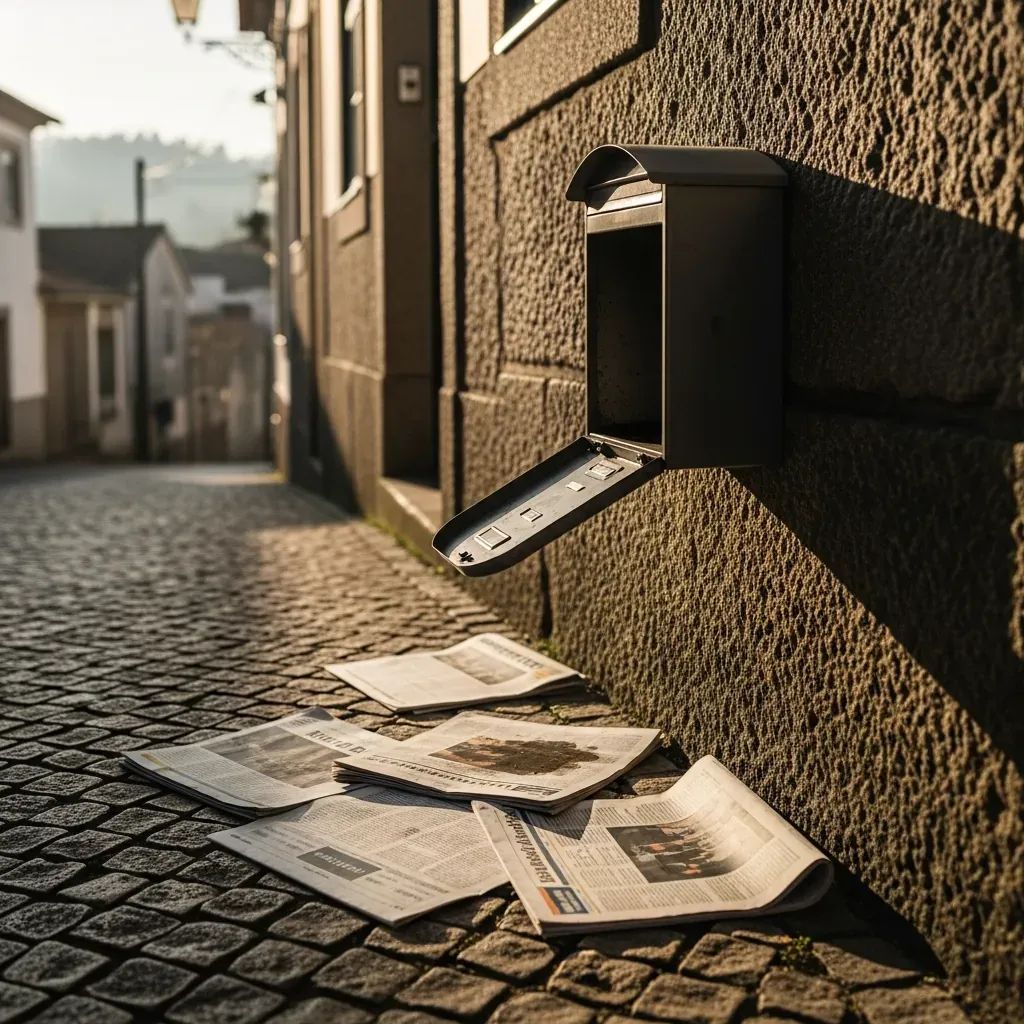 Empty village mailbox and discarded newspapers on rural Portuguese road at dawn