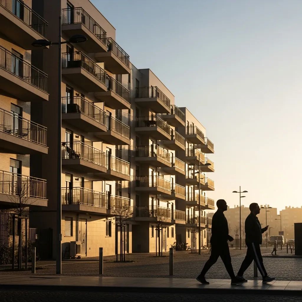 Two people walking past a modern social housing building in a Portuguese city