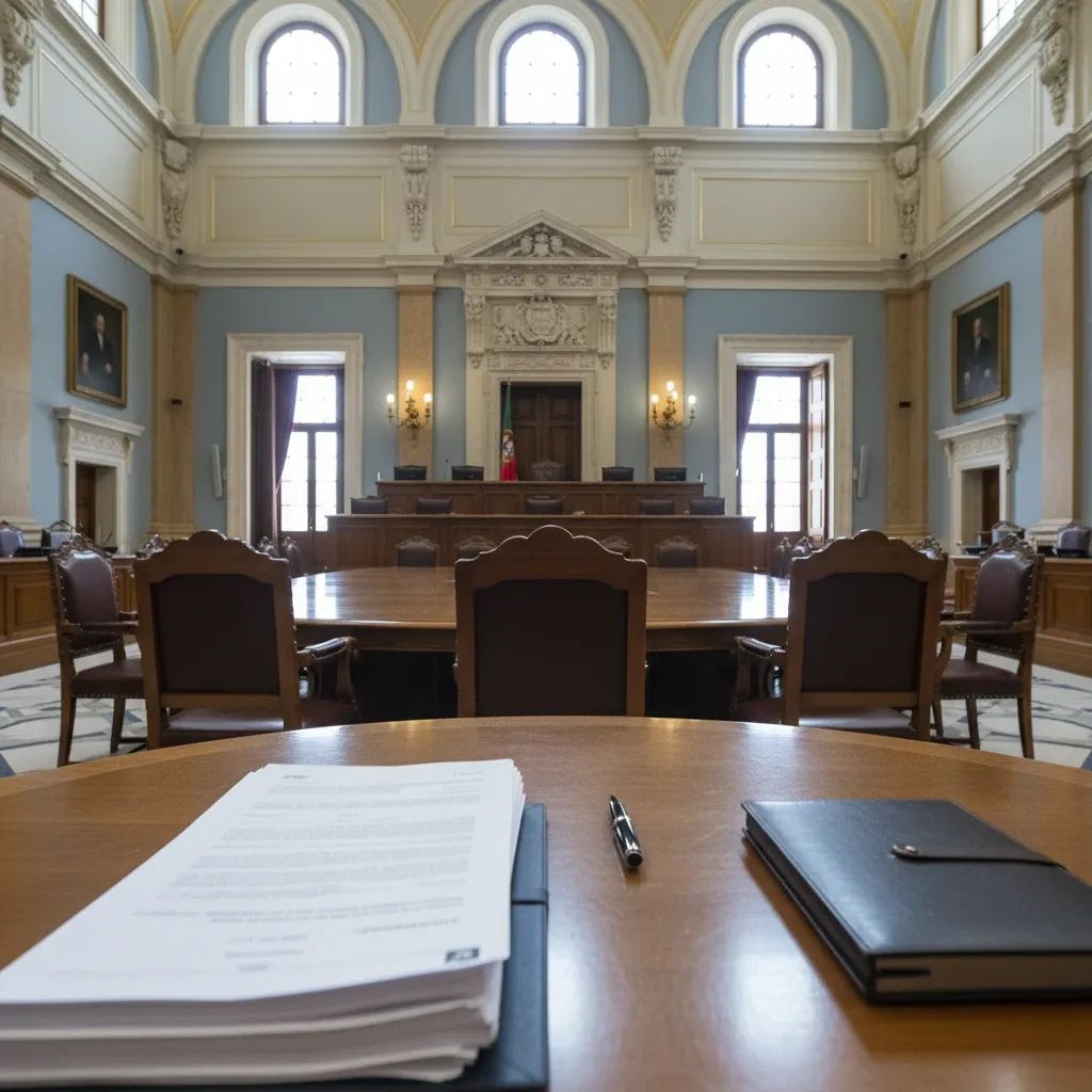 Portuguese Parliament chamber with official document symbolizing political transparency and financing regulation