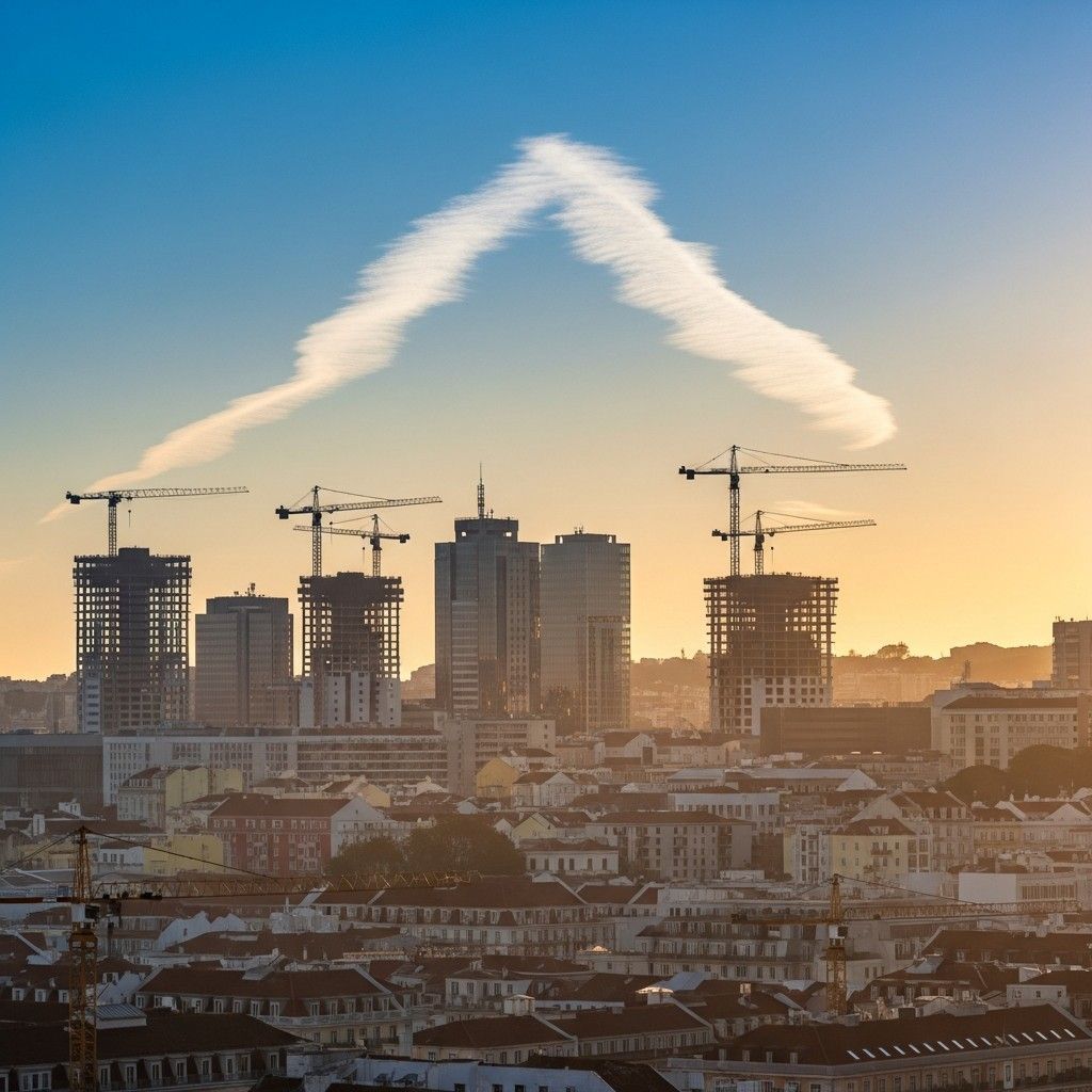 Lisbon skyline with construction cranes and upward trend arrow in clouds symbolizing economic growth