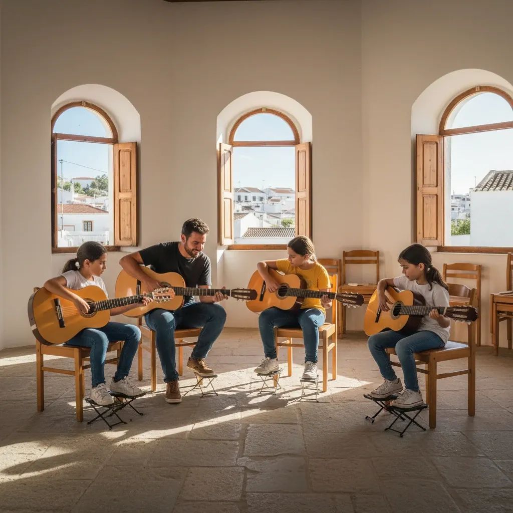 Children learning acoustic guitar in a rural Algarve community hall during free Friday music class