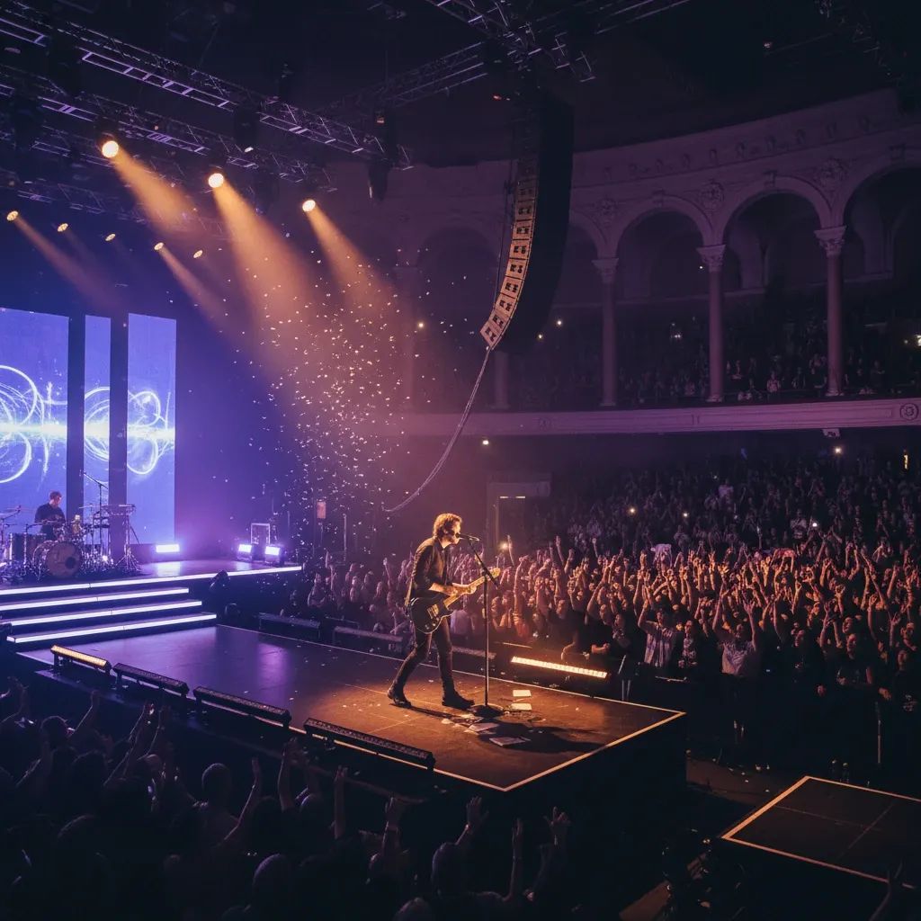 Singer performing on stage at Lisbon arena with dramatic concert lighting and crowd in background