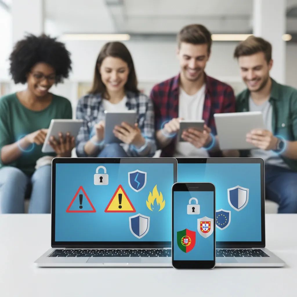 Illustration of digital safety protection with devices, warning symbols, and diverse young people using technology responsibly