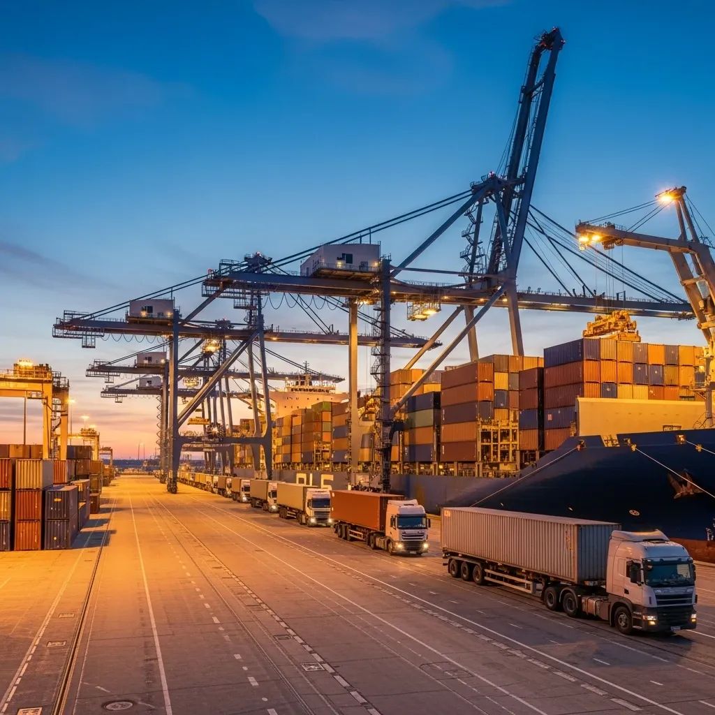 Busy container terminal at Porto de Leixões with cranes unloading cargo and trucks lined up