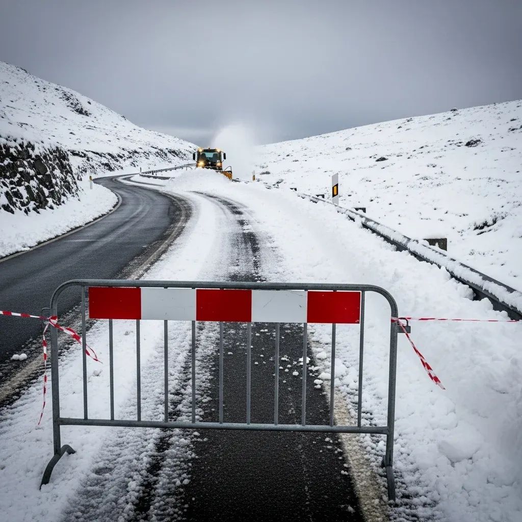 Snow-covered mountain road with barrier and snowplough in Serra da Estrela