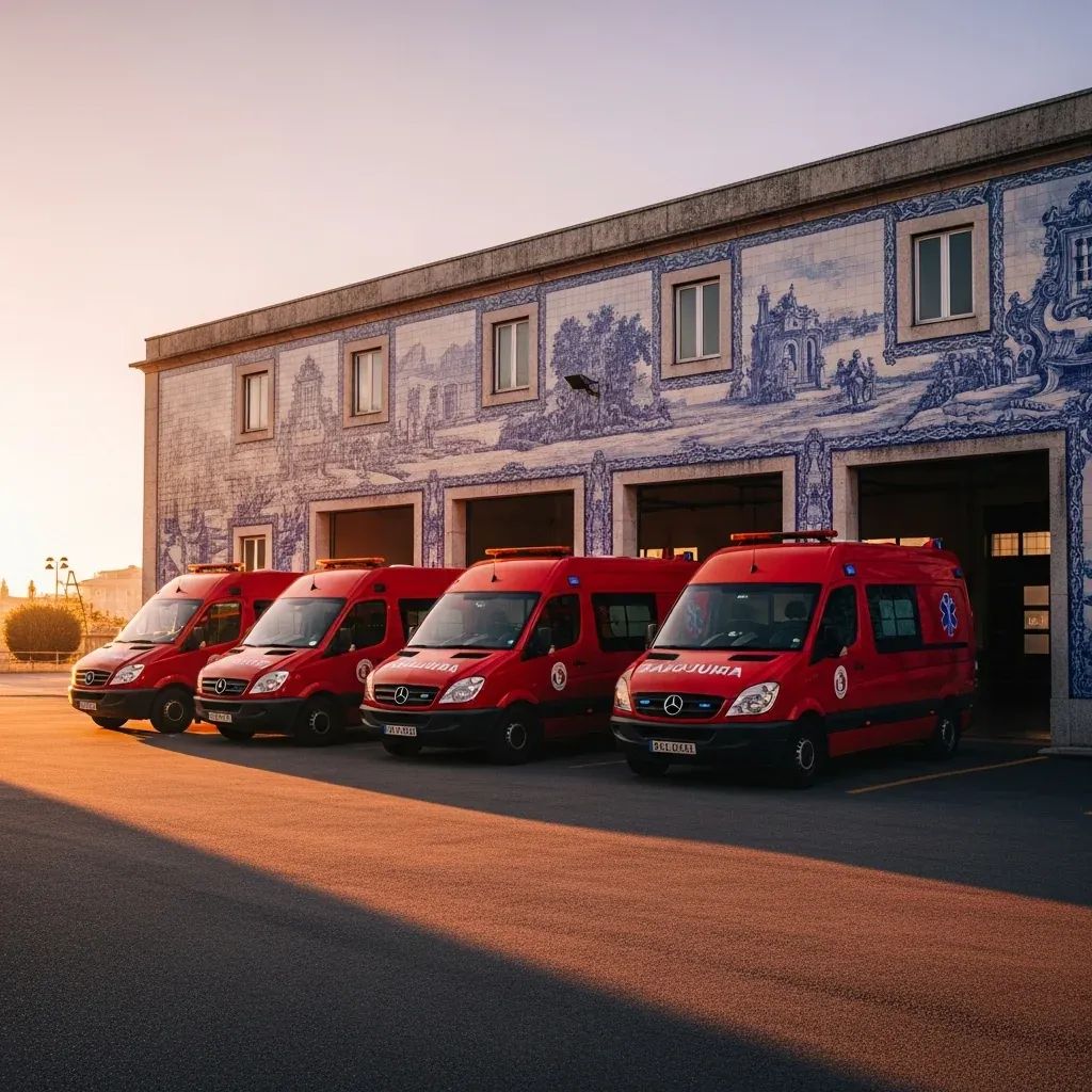 Row of ambulances parked outside a Portuguese fire station with tiled façade