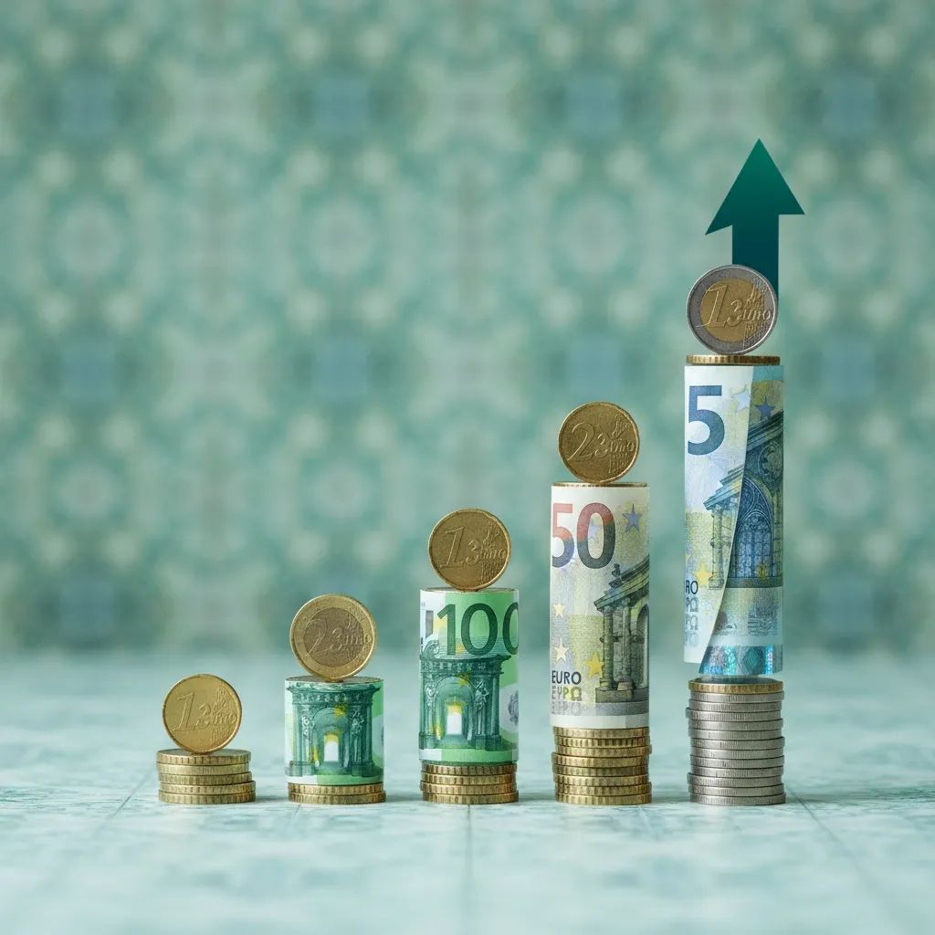 Infographic of euro banknotes and coins forming ascending bars, representing Portugal wage increase