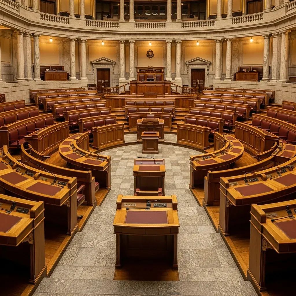 Interior of Portuguese parliamentary chamber with benches and central podium
