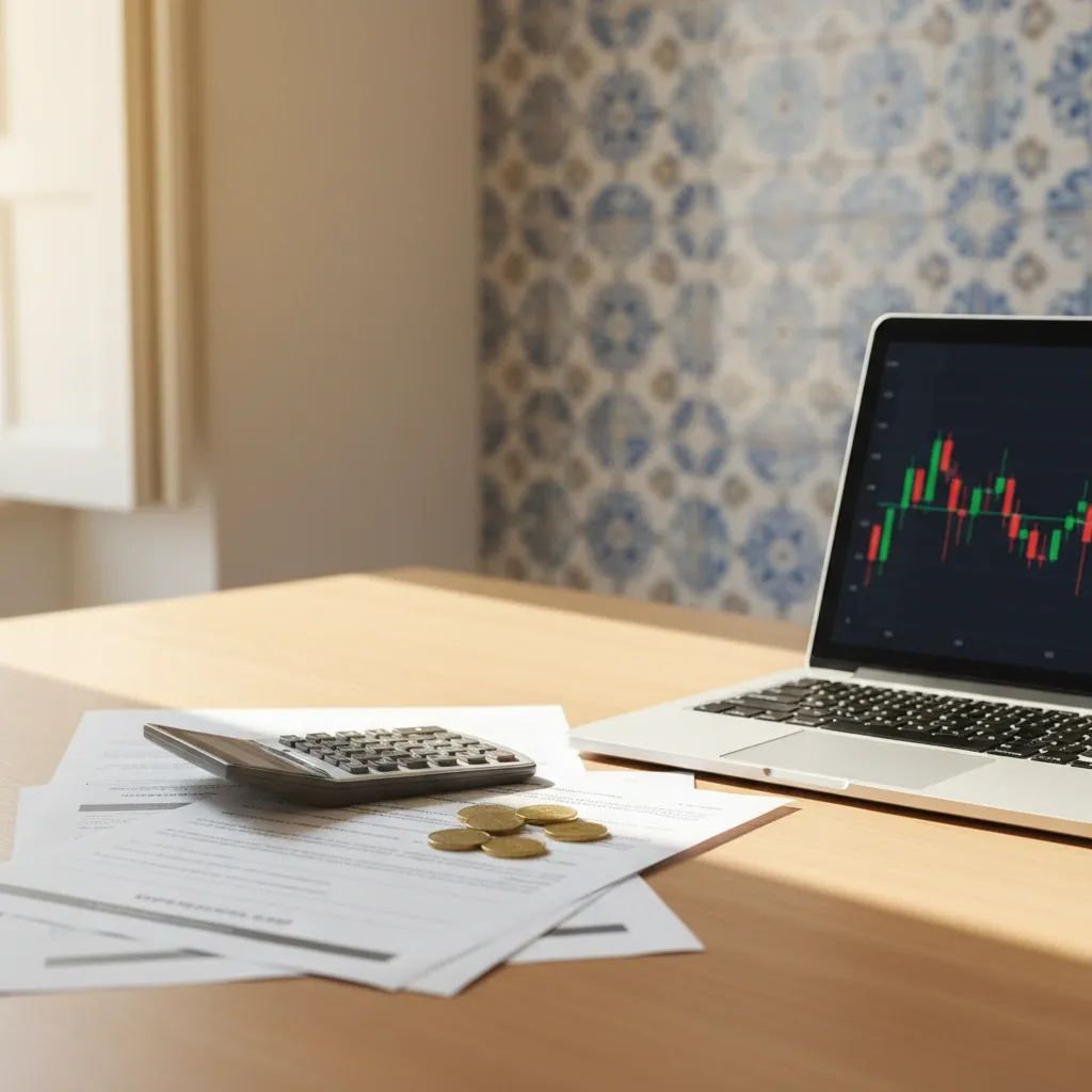 Mortgage documents, calculator, euro coins and laptop with financial graph on a modern bank office desk
