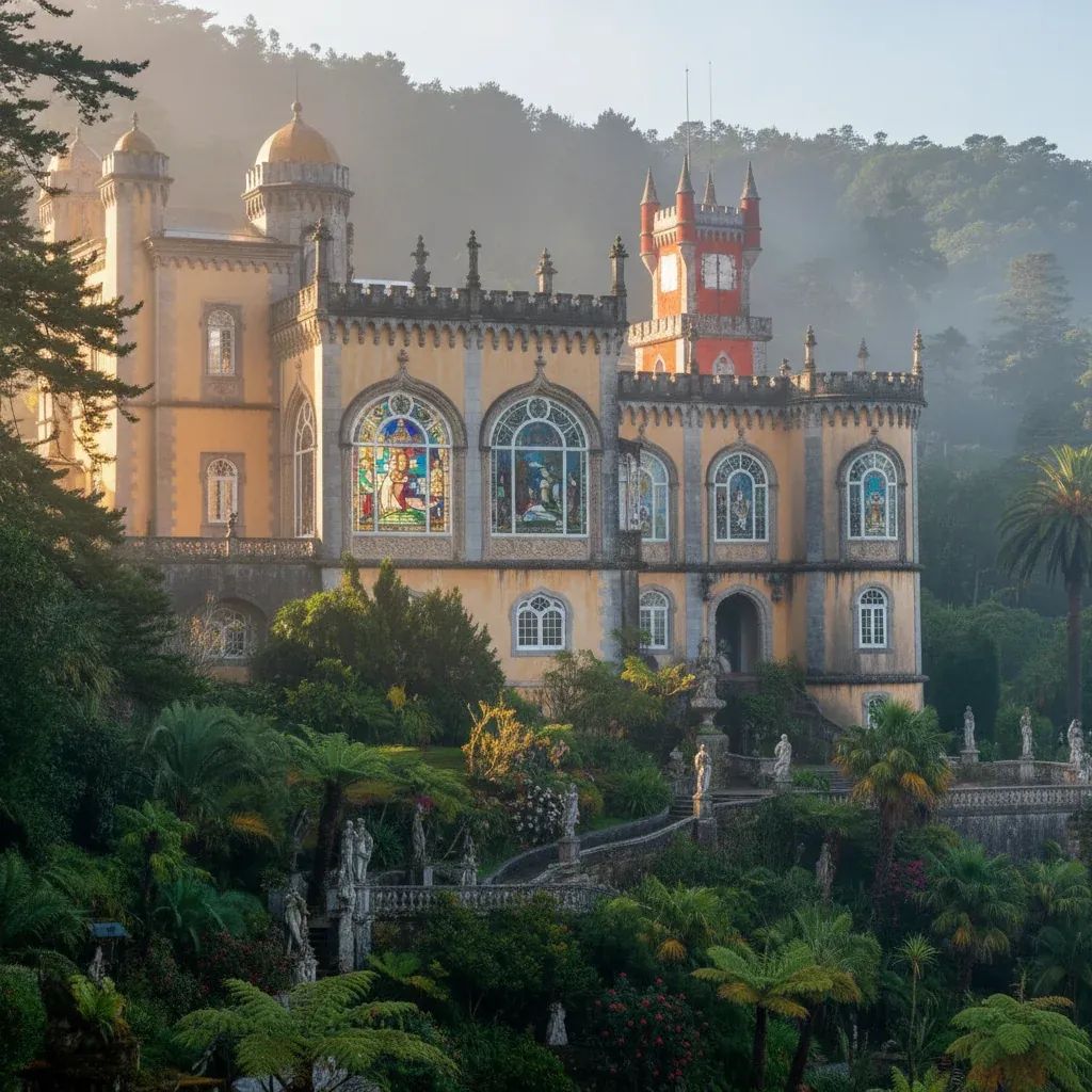 Ornate palace interior with stained glass windows and gilded details overlooking manicured Portuguese gardens