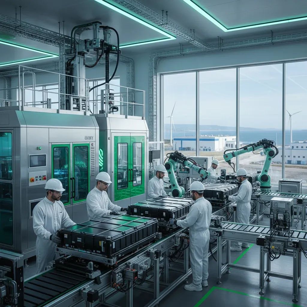 Modern battery production facility with industrial manufacturing equipment and workers in Portuguese automotive sector