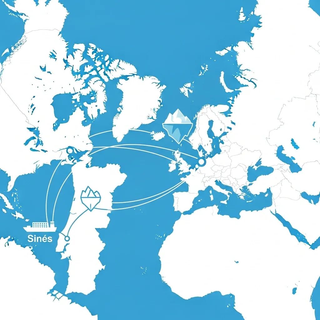 Infographic map showing maritime routes from Portugal to the Arctic Northern Sea Route