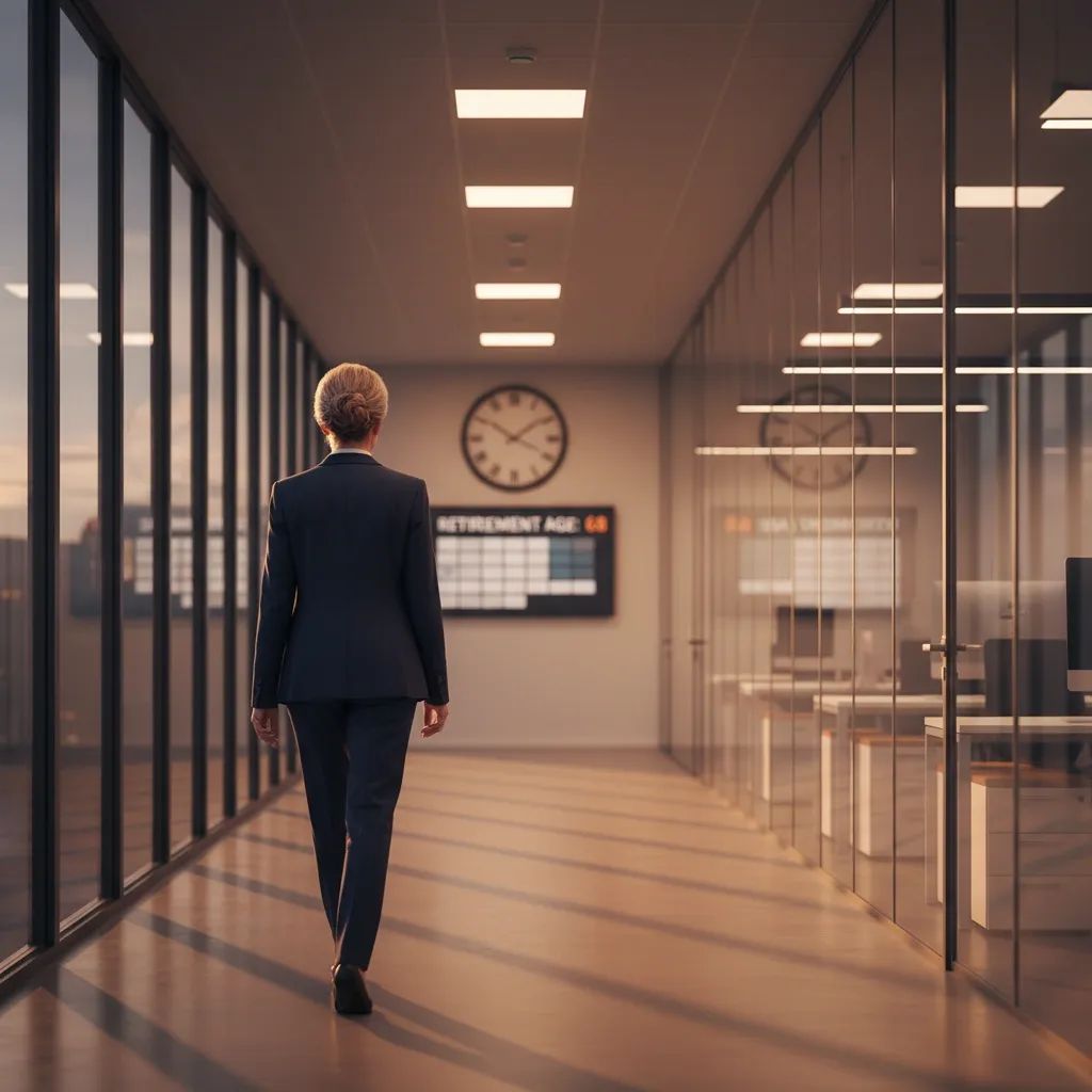 Older Portuguese office worker passing a wall clock, illustrating Portugal’s rising retirement age