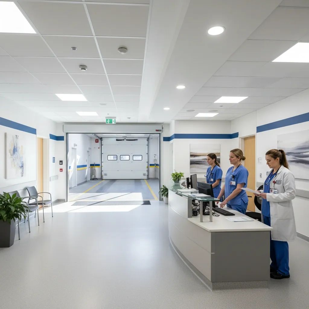 Hospital emergency department interior showing reception area and clinical staff during daytime operations
