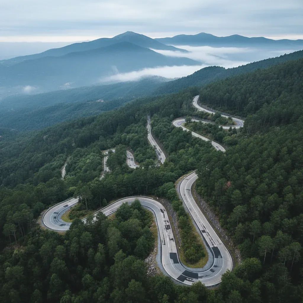 Winding mountain road with sharp hairpin curves in Peneda-Gerês National Park, Portugal, showcasing the dangerous road geometry