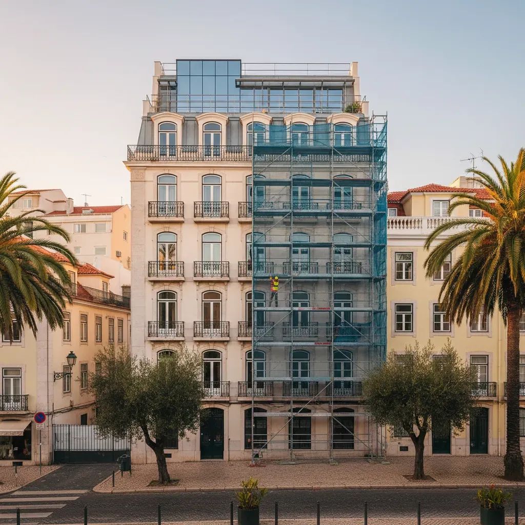Residential building undergoing energy renovation work with scaffolding on facade