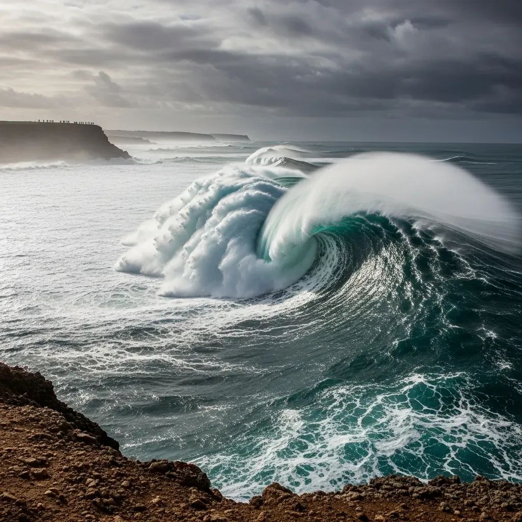 Massive wave breaking at Praia do Norte in Nazaré with distant spectators on the cliff
