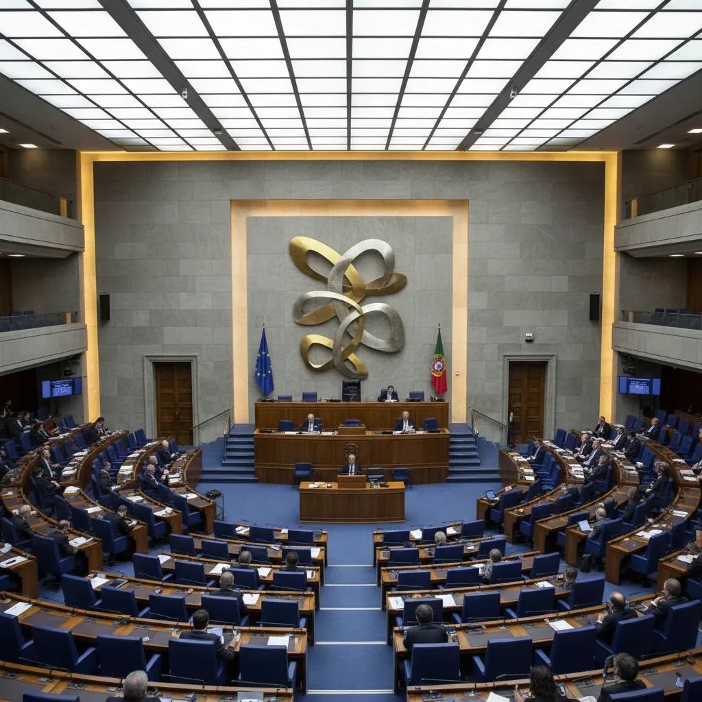 Portuguese parliament interior during banking cartel hearings, formal government setting