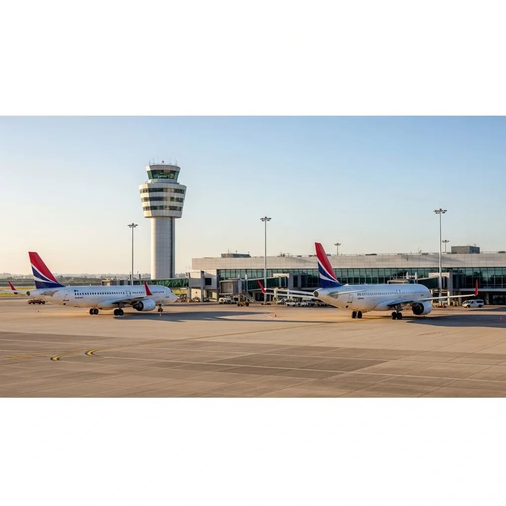 Two commercial jets on a Portuguese airport apron with control tower in the background