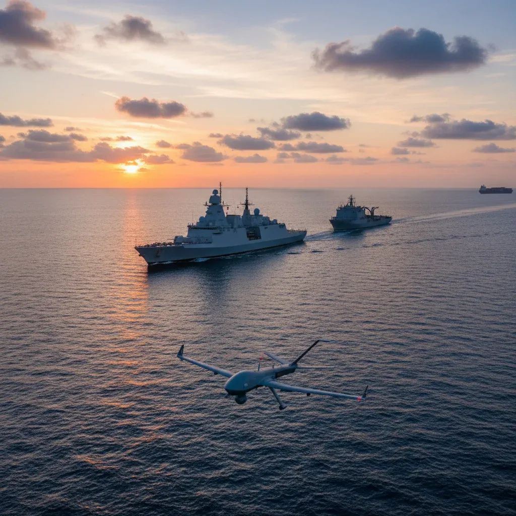 NATO naval warship patrolling critical maritime chokepoint, representing European defense operations