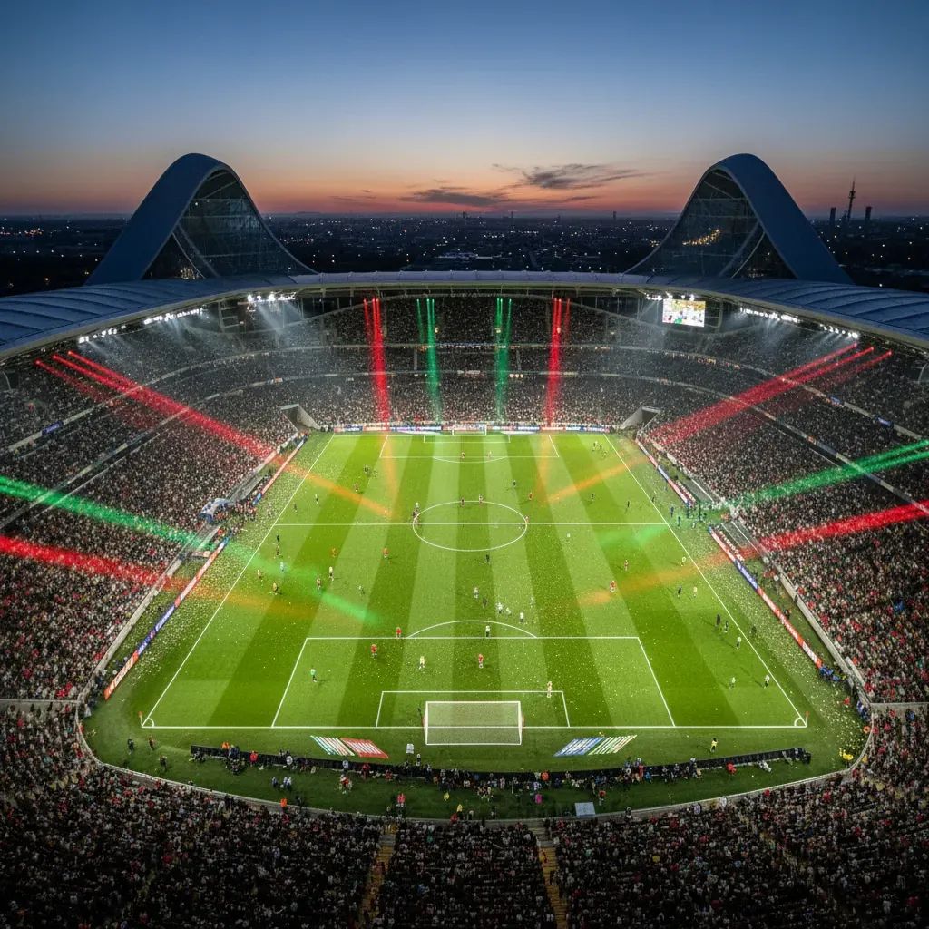 Football stadium with dramatic lighting representing PSG and Portuguese football excellence