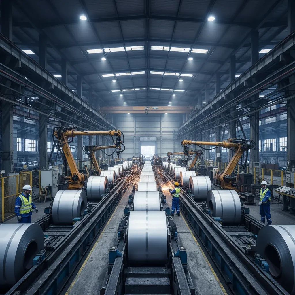 Industrial steel manufacturing facility with production lines and workers, representing Europe's threatened manufacturing capacity