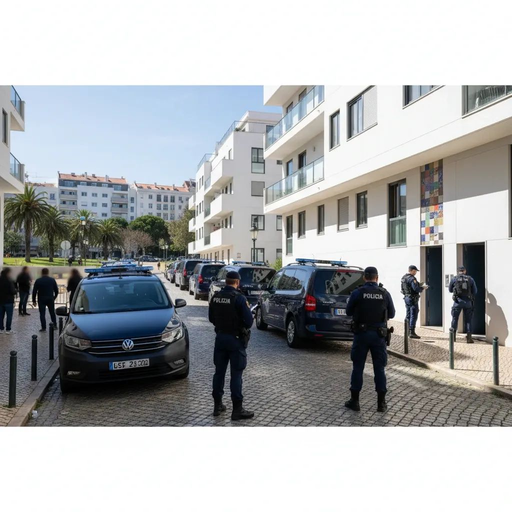 Portuguese police officers during drug enforcement operation in Lisbon residential area