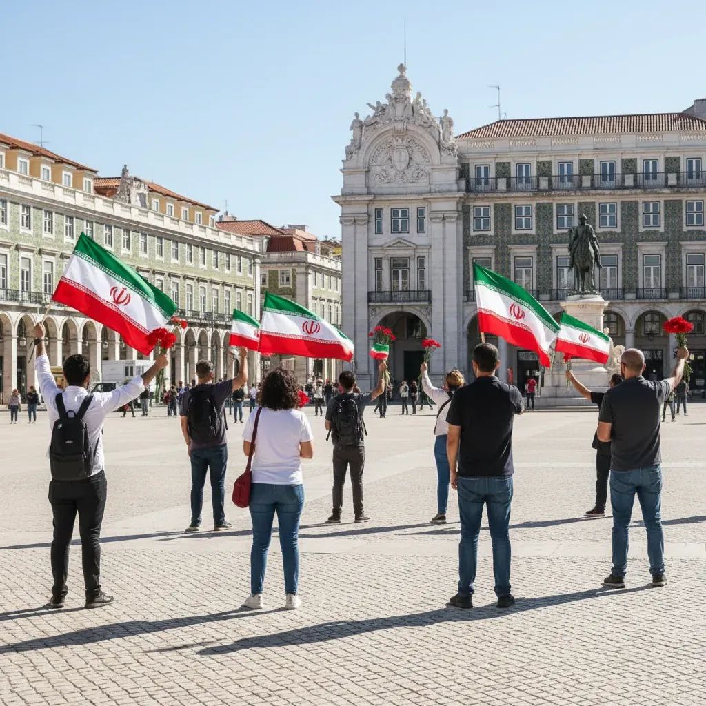 Distant view of Lisbon street protest with Iranian and Portuguese flags and carnations under clear daylight