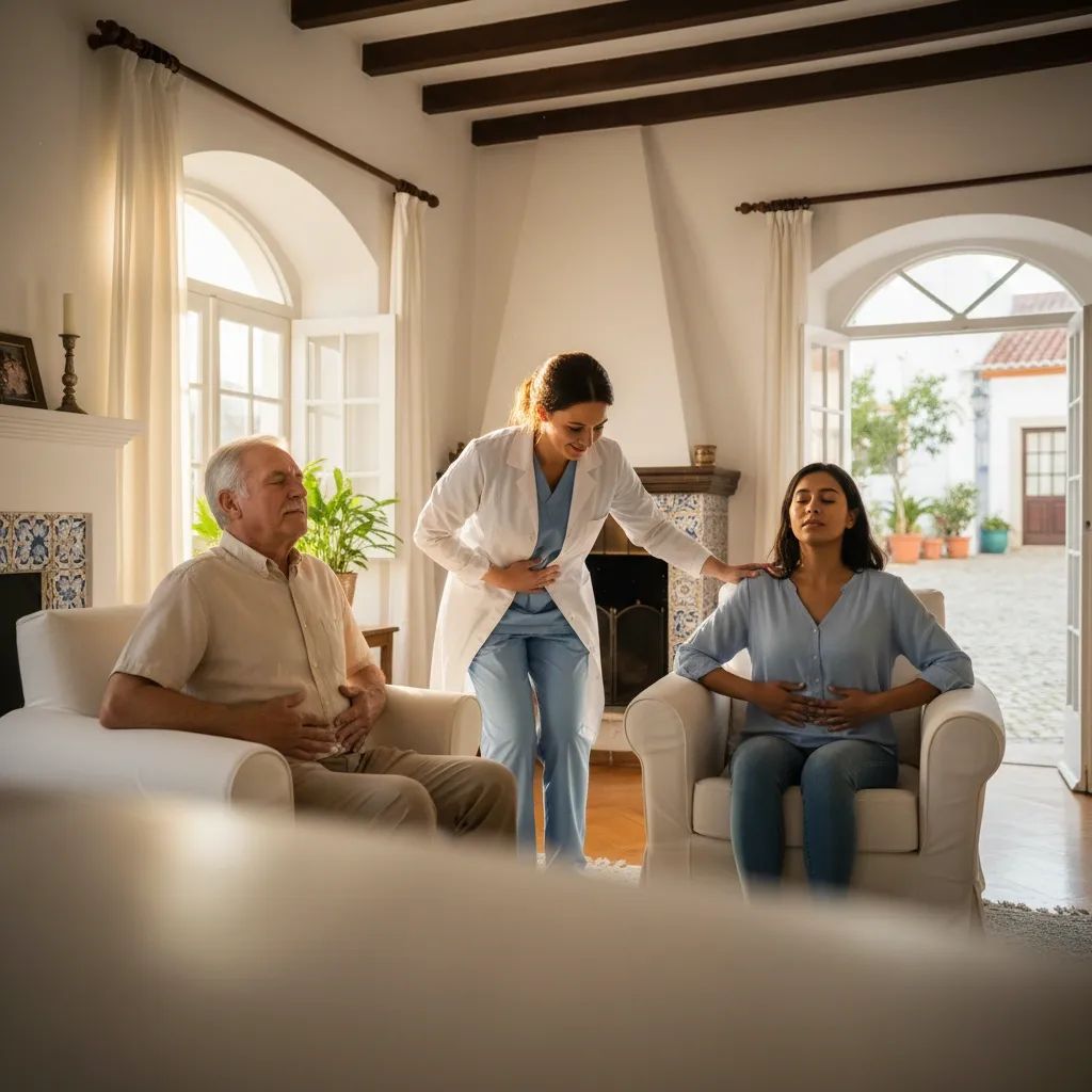 Healthcare professional guiding respiratory rehabilitation exercises with patient at home