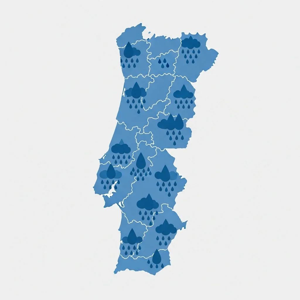 Map of Portugal with rain icons over regions indicating weekend rainfall forecast