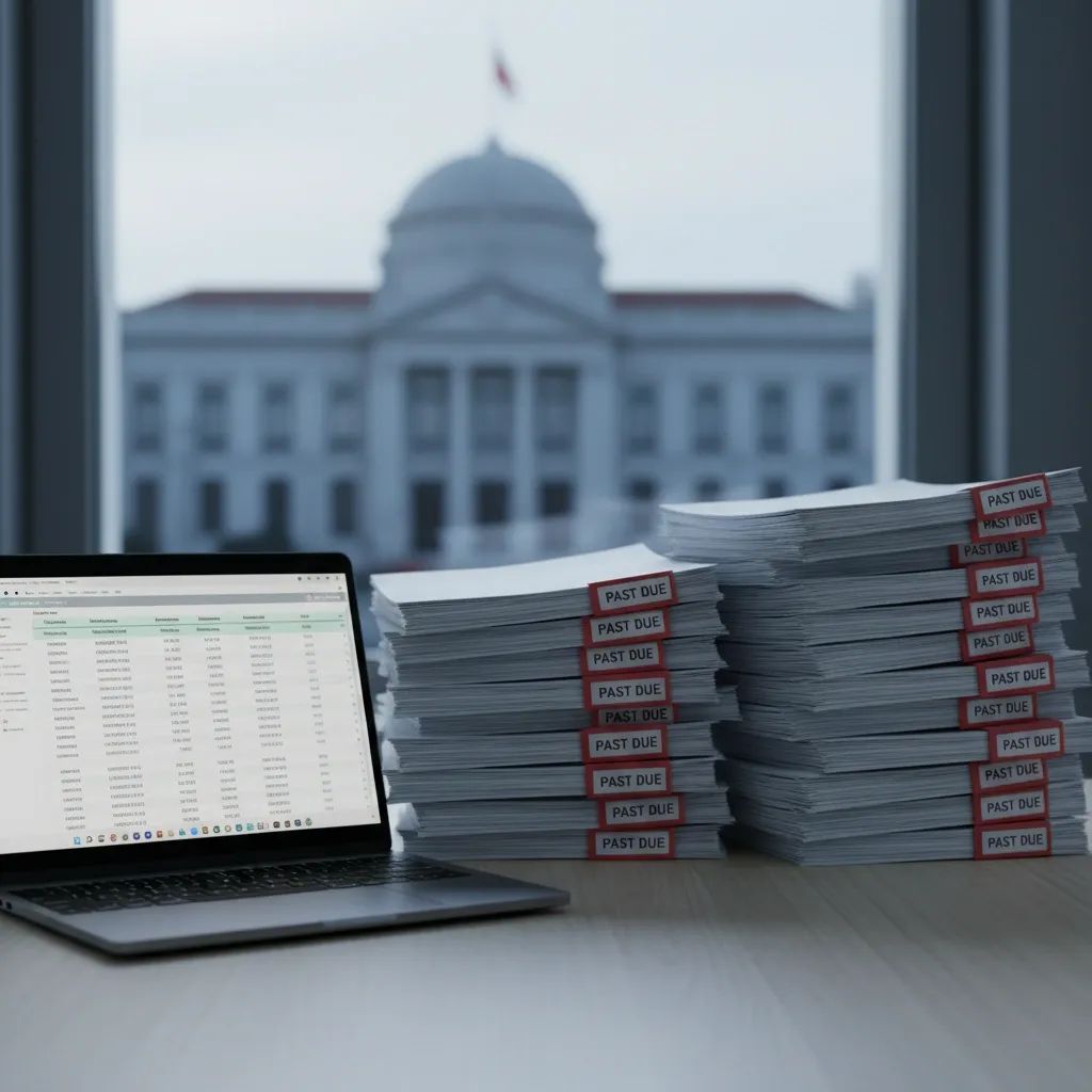 Office desk with piles of overdue invoices and a laptop showing financial spreadsheet in front of a government building