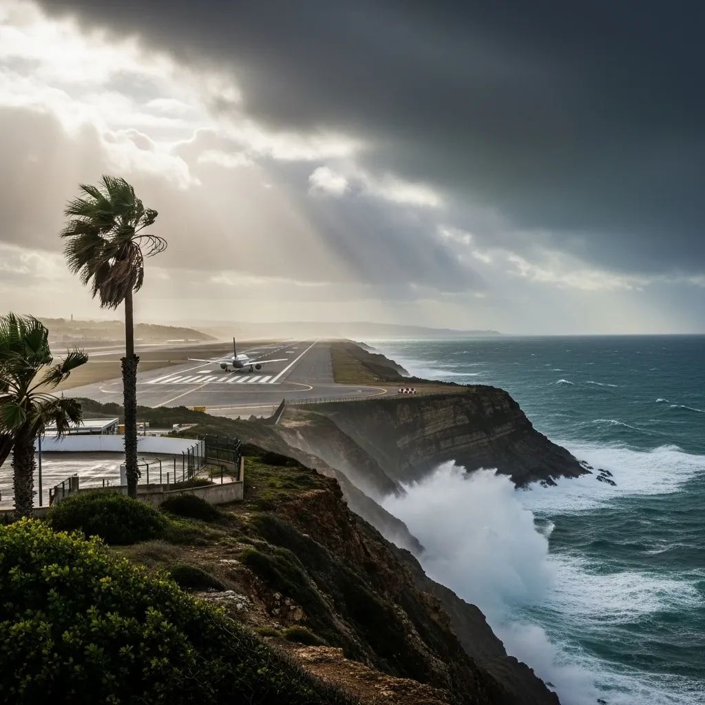 Airplane on Madeira runway with stormy skies and rough seas in the background