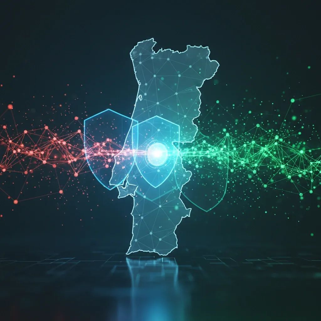 Digital cybersecurity visualization with network nodes representing Portugal's cyber infrastructure and protection systems