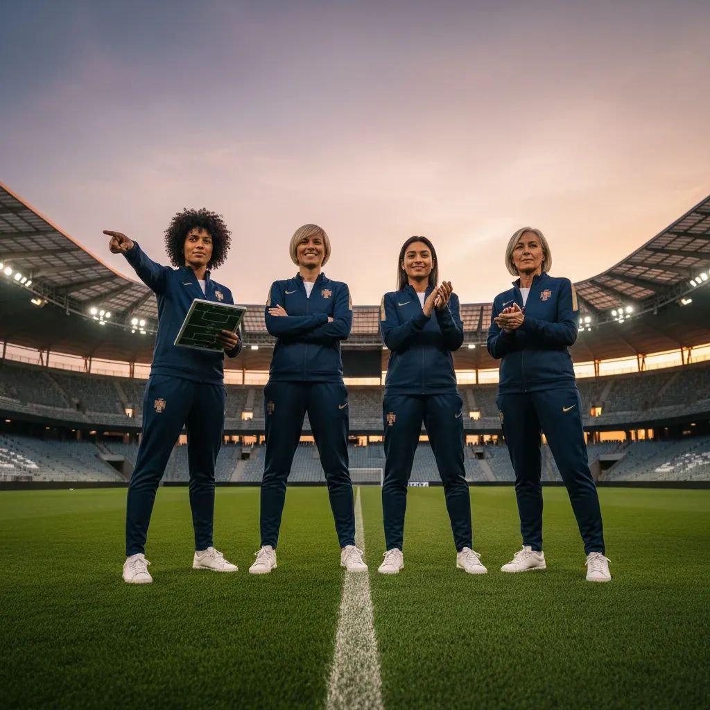 Female football coaches on Portuguese stadium field, representing gender diversity in coaching