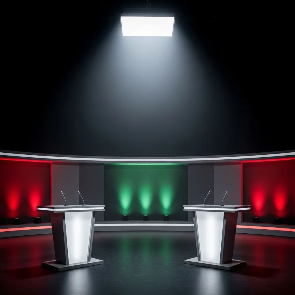 Empty television debate stage in Portugal with two podiums and microphones under studio lights