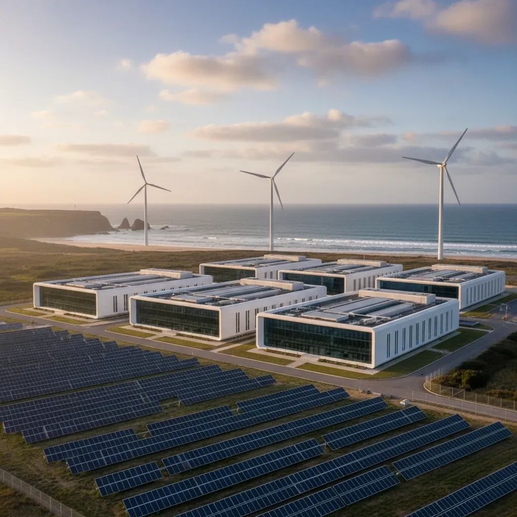 Aerial view of a modern Portuguese data centre with solar panels and wind turbines