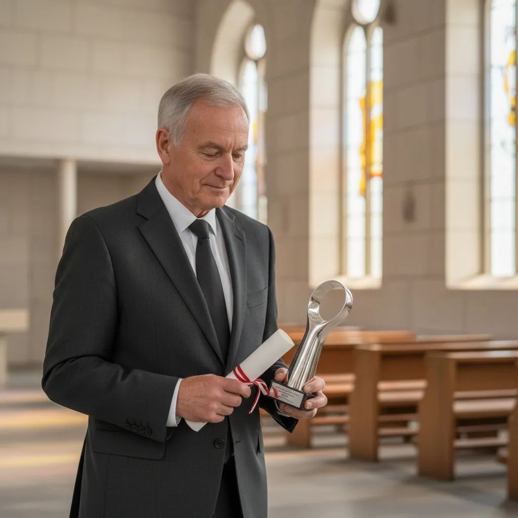 Man receiving cultural recognition award in formal Portuguese institutional setting