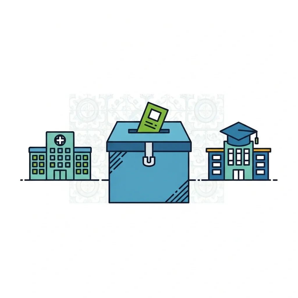 Infographic showing ballot box between hospital and school icons for Portugal election funding debate