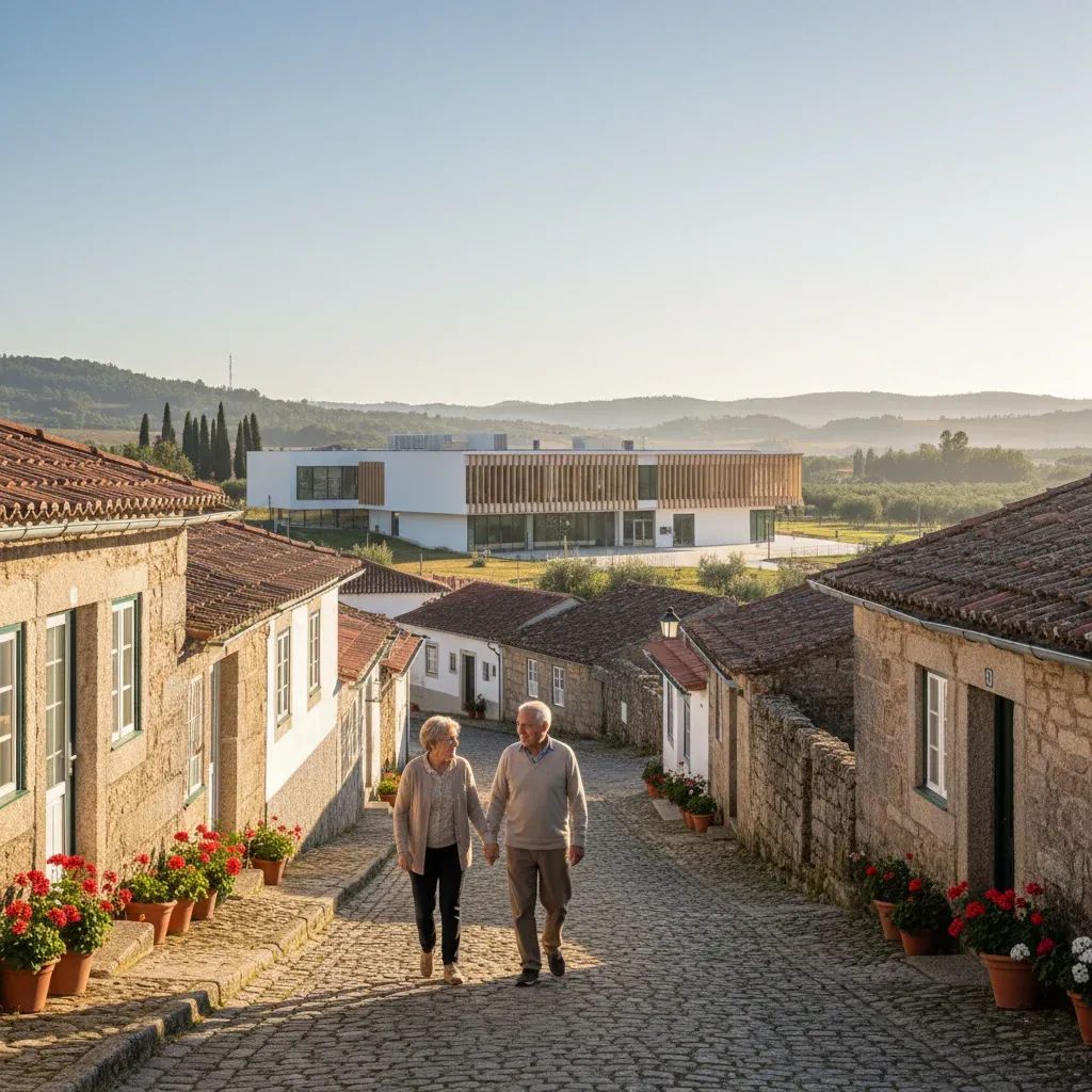 Rural Portuguese village with modern medical clinic, residents accessing healthcare services