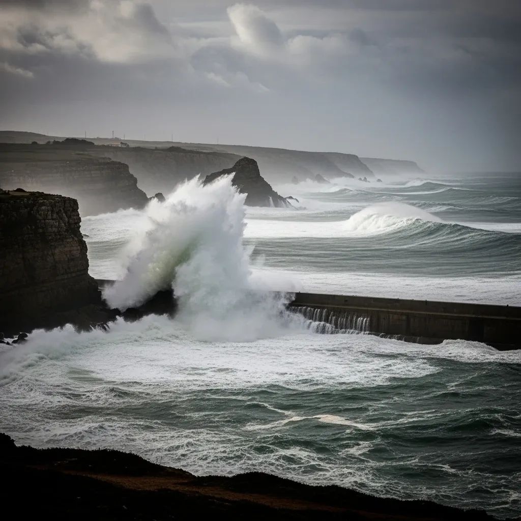 Huge storm waves crashing against a Portuguese coastline under dark, stormy skies