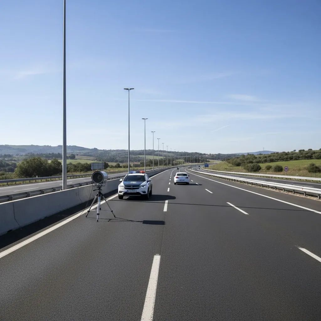 Portuguese police vehicle on highway with speed camera monitoring traffic enforcement