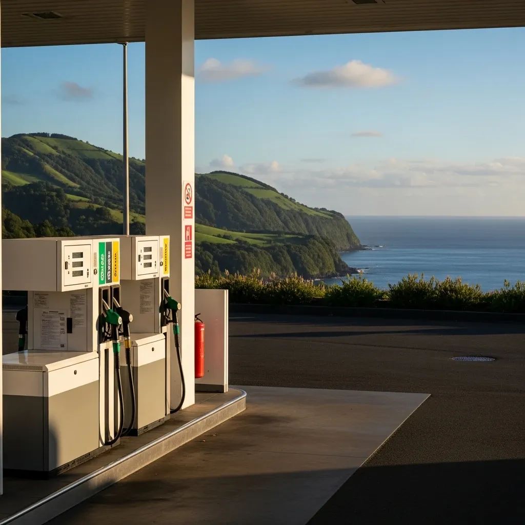 Bombas de combustível num posto nos Açores com paisagem vulcânica e mar ao fundo