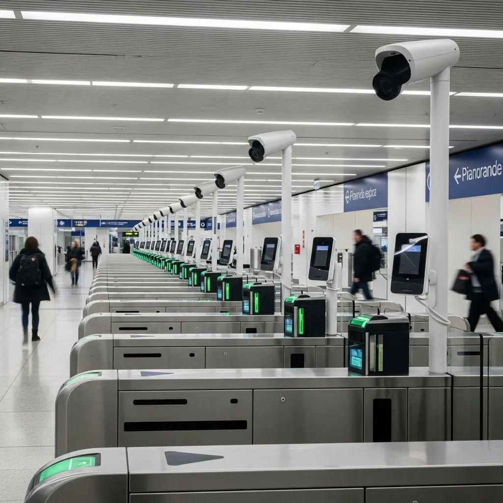 Wide view of biometric passport e-gates at Lisbon’s Humberto Delgado Airport