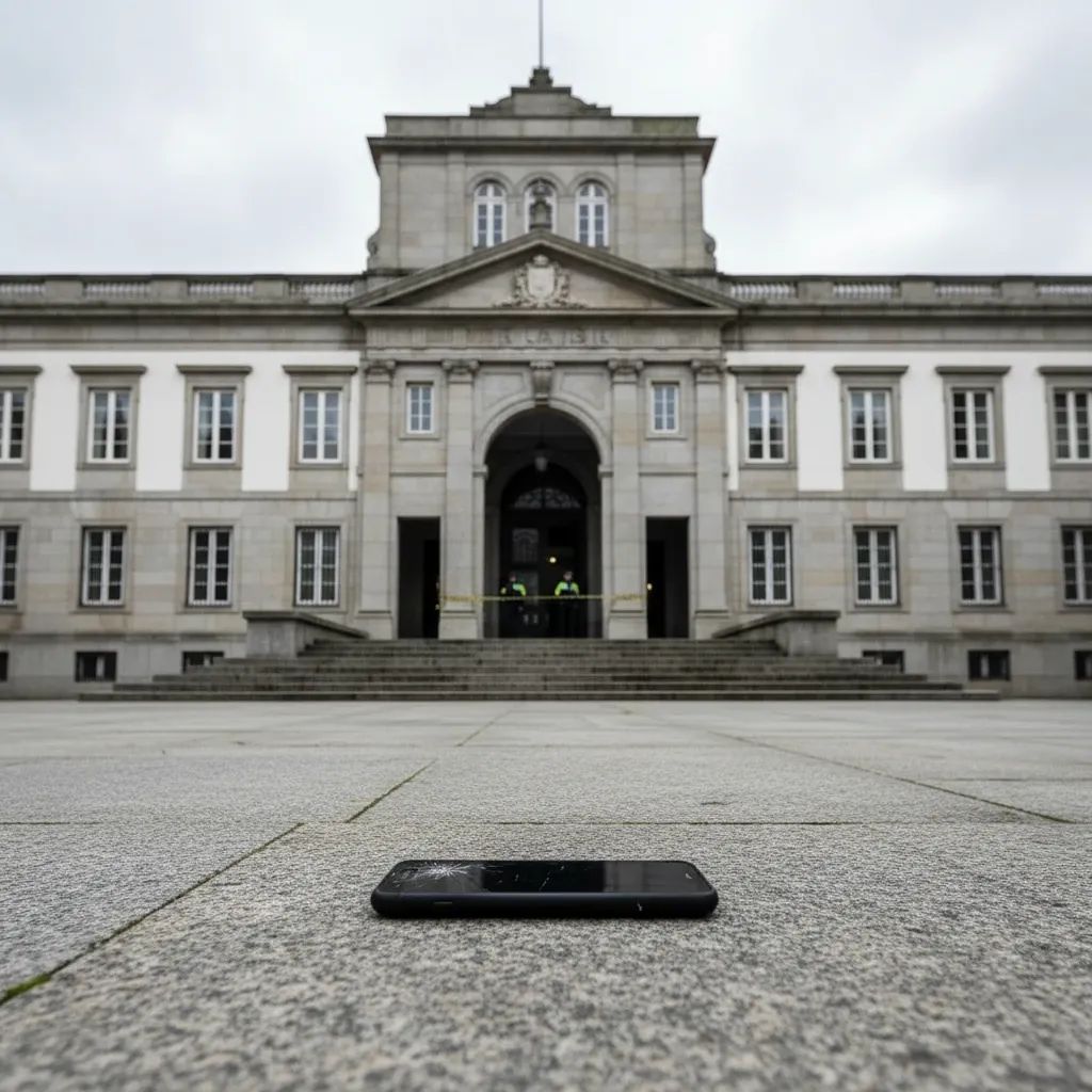 Exterior of Santa Maria da Feira courthouse with a smartphone on the steps, illustrating Portugal's closed digital extremism trial