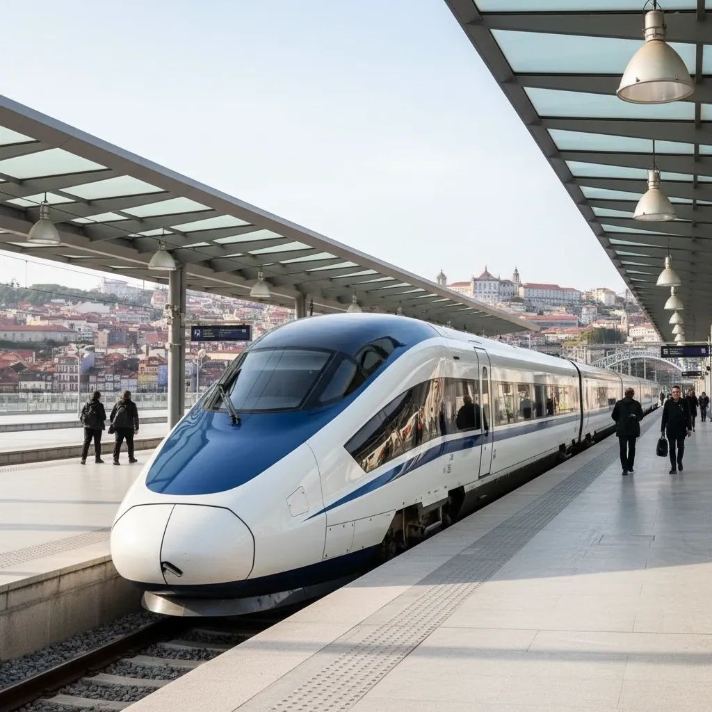 Modern high-speed train at Portuguese railway station with city skyline background