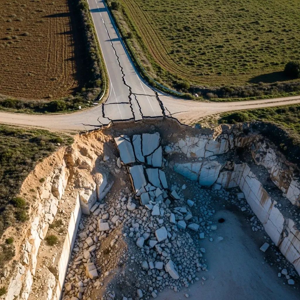 Aerial view of a collapsed rural road falling into an abandoned marble quarry pit