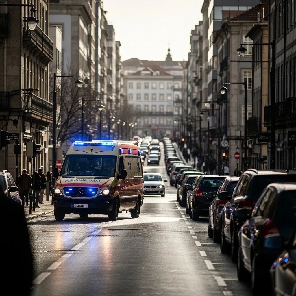 Emergency ambulance with flashing lights stuck in traffic on a Portuguese city street