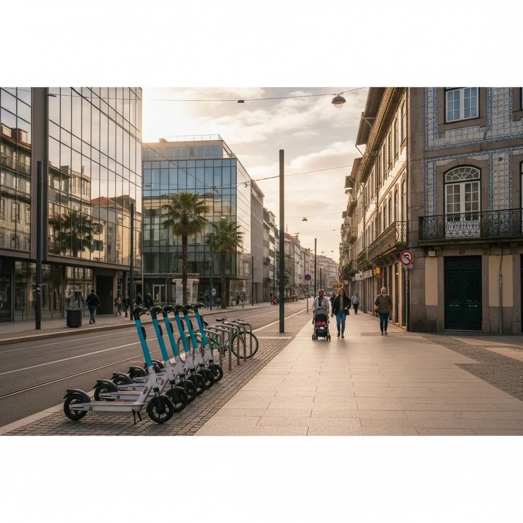 Electric scooters parked on a Porto city street with urban architecture in background