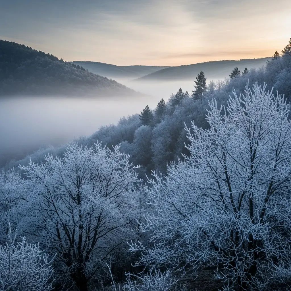 Frost-covered trees and morning fog in a Portuguese valley